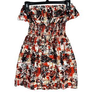 Vintage Y2K 579 Dress Women XS Orange Black Off Shoulder Rayon Flowy Artsy Boho